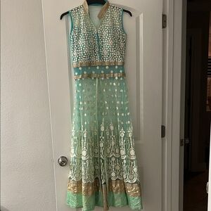 Elegant Green and Gold Embroidered Dress
